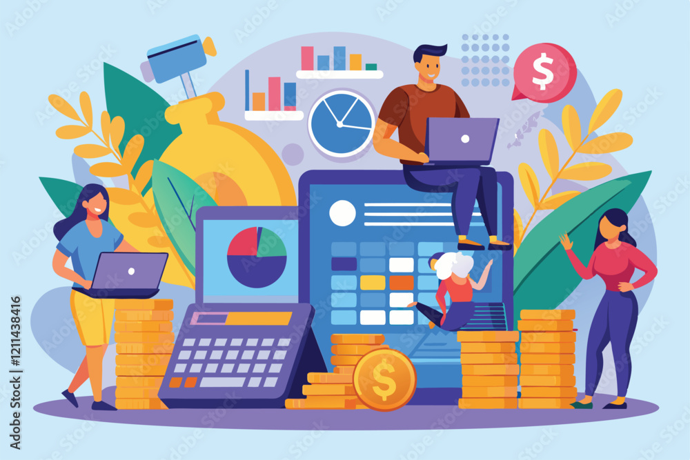 Poster professionals engage in financial management tasks with laptops and digital tools for analysis finan