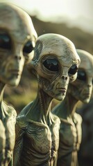 Three extraterrestrial figures with distinct features, showcasing elongated heads, large black eyes, and intricate skin textures. Set against a blurred background that suggests an alien landscape, the