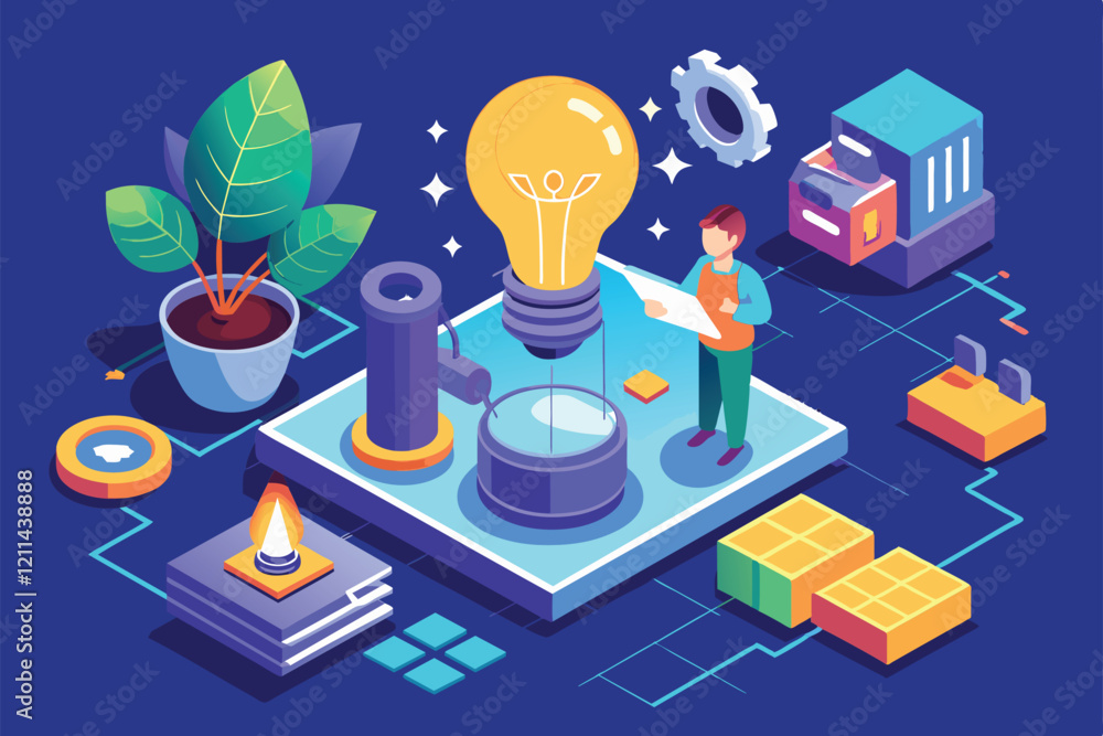 Poster a professional formulates fresh ideas in a colorful isometric workspace filled with tools and greene