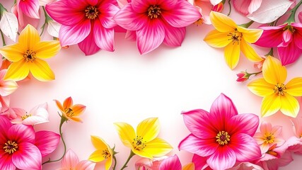 Abstract Pink Yellow Flowers Banner, White Background, Floral Frame, Orange Leaves