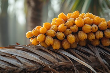 Golden Palm Fruits Resting on Dried Palm Fronds
