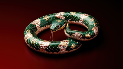 Happy New Year of the Snake: Green Snake Entwined with Ornate Numbers on Red Background