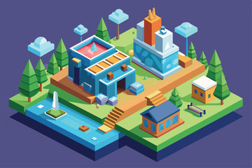 A vivid landscape features diverse structures, green trees, and a tranquil pond with a fountain Fine Customizable Isometric Illustration