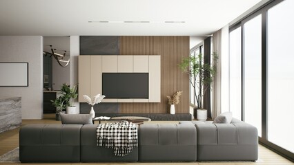 A modern living room featuring a sleek sofa, wooden accents, large windows, and greenery, creating a bright and inviting atmosphere. 3d rendering.