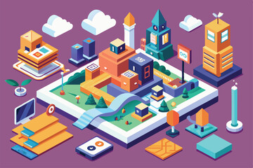 An intricate urban landscape features buildings, trees, and pathways in a colorful isometric design Fine Customizable Isometric Illustration