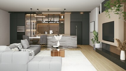 A modern living space featuring a stylish kitchen, plush furniture, and greenery, creating a warm and inviting atmosphere. 3d rendering.