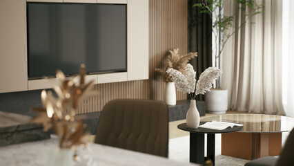 A modern living room featuring a TV, stylish decor, and potted plants, creating a cozy and inviting atmosphere. 3d rendering.