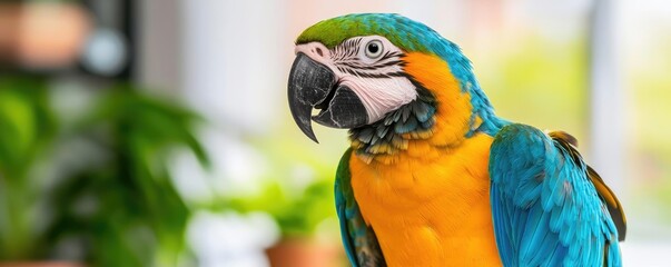 Pet ai concept. Colorful parrot perched indoors among lush greenery, showcasing vibrant plumage.