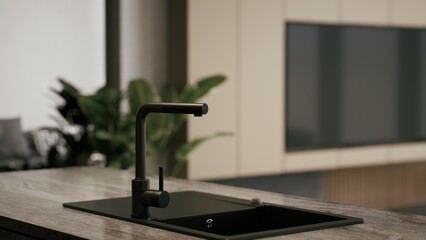 A sleek black kitchen faucet sits above a modern sink, surrounded by natural elements, showcasing contemporary design in a minimalist space. 3d rendering.