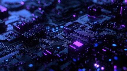Abstract Cyberpunk Circuit Board: Glowing Purple and Blue Digital Landscape