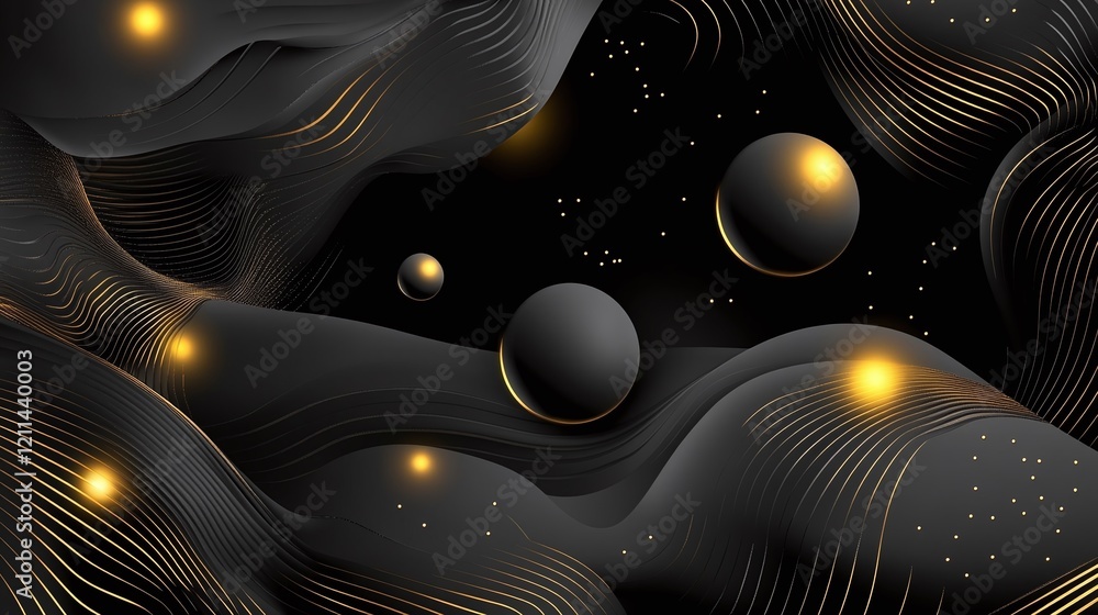 Poster a futuristic abstract design of glowing spheres and lines in a 3d space suited for tech and innovati