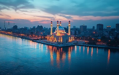 Naklejka premium Illuminated mosque at sunset reflecting on calm water.