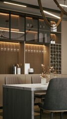 A modern dining area featuring a marble table, stylish chairs, and elegant cabinetry with warm lighting. 3d rendering.