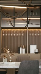 A modern interior featuring stylish decor, soft lighting, and a minimalist design, creating an elegant and inviting atmosphere. 3d rendering.