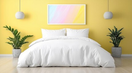 Yellow bedroom interior design, white bedding, plants. Home decor, website design