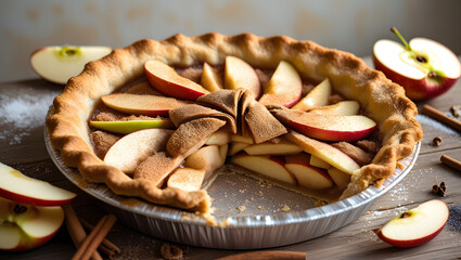 A warm apple pie with a golden-brown crust, revealing tender apple slices and spices, set on a rustic wooden table with fresh apple slices and a soft, creamy background.
