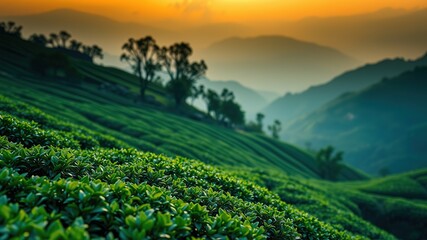 Naklejka premium Alishan Tea Plantation Mountain Scenery - Stunning Sunrise/Sunset View