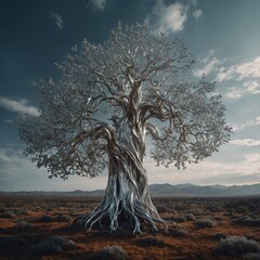A towering silver tree surrounded by a surreal, dreamlike landscape.