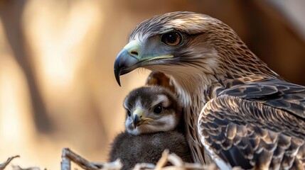 Pet parenting concept. A close-up of a mother hawk nurturing her chick in a cozy nest.