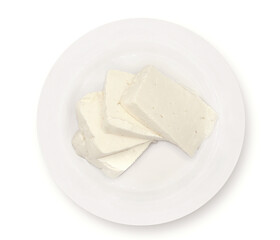 MINAS FRESCAL CHEESE SLICES VIEW FROM TOP ON THE PLATE ON ISOLATED WHITE BACKGROUND