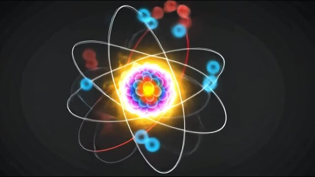 Atomic structure: video electrons orbiting nucleus, their energy levels and motion within the electron shell, dynamic interplay of protons, neutrons, and electrons. 