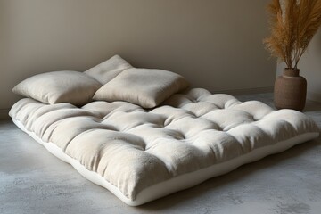 Obraz premium Beige tufted mattress, pillows, floor, pampas grass.