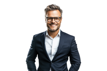 Relaxed businessman smiling isolated on white or transparent, PNG