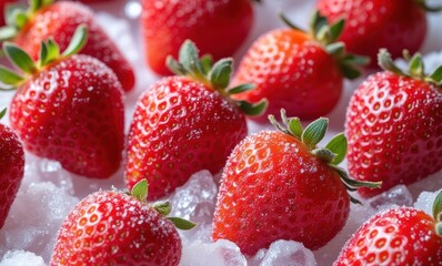 Fresh strawberries on ice with dew drops
