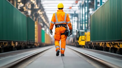 Safety-conscious industrial worker in bright orange uniform and hard hat walking on railway tracks between shipping containers in a busy freight yard