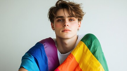 A young man with gentle, natural makeup and a thoughtful expression, wrapped in the rainbow LGBTQ flag, seated gracefully against a clean backdrop.