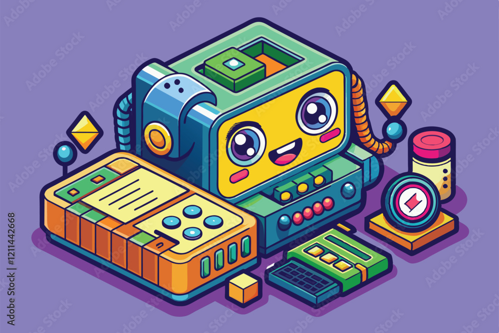 Poster a playful robot interacts with colorful gadgets in an imaginative cartoon environment firmware custo