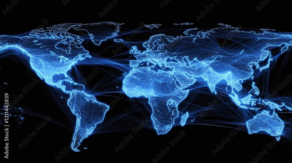 Poster a high-resolution image of a global map outlined with glowing blue connections.