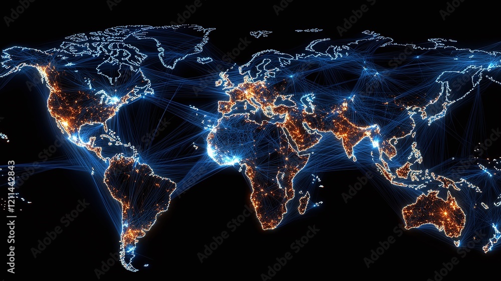 Poster a high-resolution image of a global map outlined with glowing blue connections.