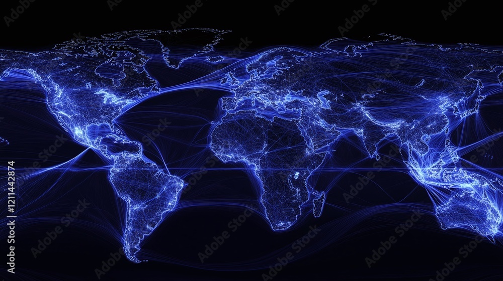 Poster a high-resolution image of a global map outlined with glowing blue connections.