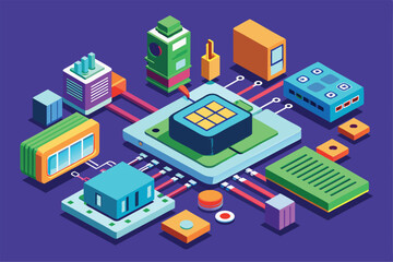Obraz premium Colorful isometric illustration of customizable firmware with various electronic components interconnected Firmware Customizable Isometric Illustration