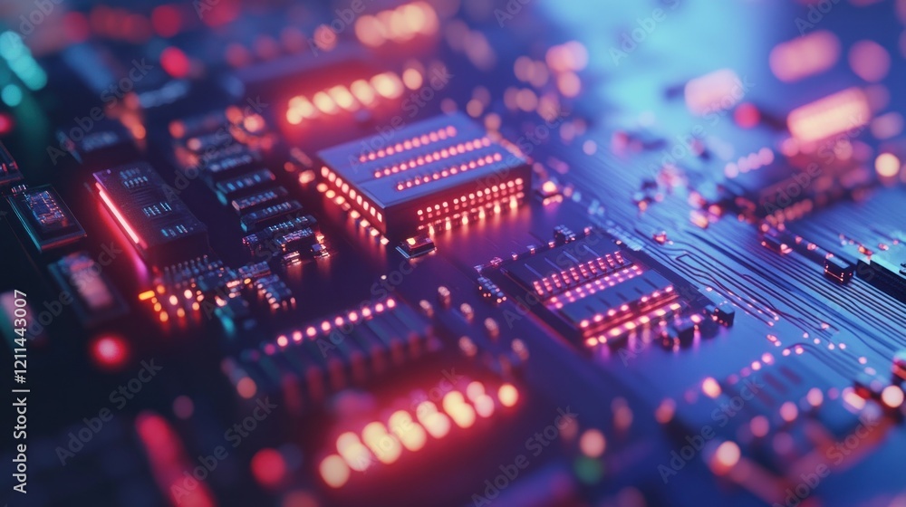 Poster neon circuit board: a close-up view of illuminated microchips and integrated circuits