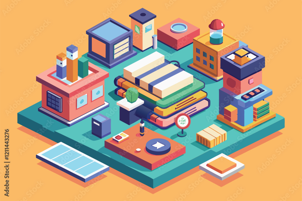 Aufkleber a lively city layout features diverse buildings and objects designed in a unique isometric style fir