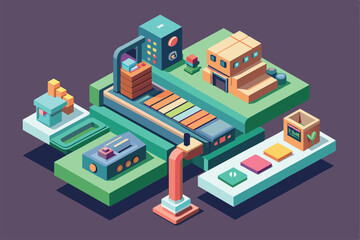 Obraz premium A lively factory layout features a production line with boxes and machinery busy at work First class Customizable Isometric Illustration
