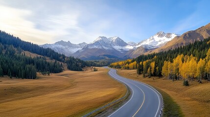 Fototapeta premium Scenic Mountain Road Surrounded by Majestic Peaks, Vibrant Trees, and Expansive Fields, Capturing the Essence of Nature's Breathtaking Beauty in Autumn