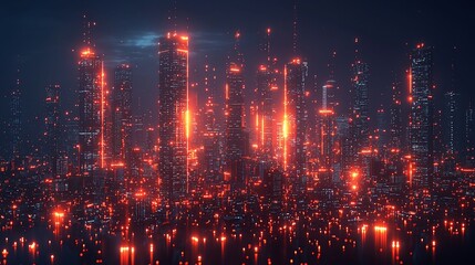 Naklejka premium Futuristic city skyline at night with glowing red lights.