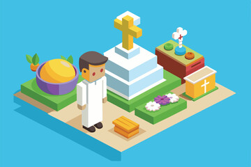 A young child dressed in white stands near a cross and first communion elements First communion Customizable Isometric Illustration