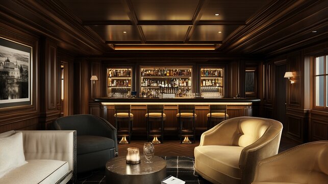 Luxurious ship lounge bar, interior design, evening ambiance,  relaxation