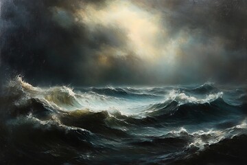 Obraz premium Dramatic Seascape at Night: A Small Boat Facing a Turbulent Storm