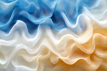 Obraz premium Flowing waves of blue, white, and yellow fabric create a soft and elegant abstract background.