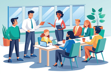 New team members engage in training activities and discussions in a modern office environment First days in company, new employees training,