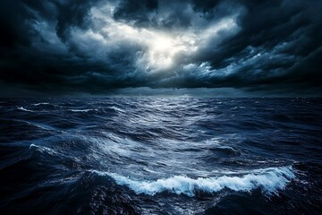 Fototapeta premium Dramatic Seascape at Night: A Small Boat Facing a Turbulent Storm