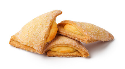 Delicious baked pastries filled with sweet cream served on a white background ready for consumption