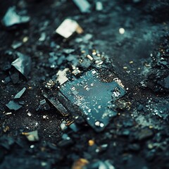 Burned electronics debris, ground, fire aftermath, data loss, recycling