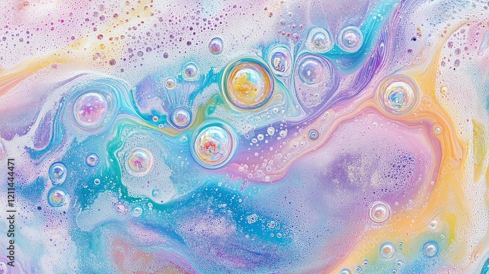 Aufkleber a macro photograph of colorful oil and water bubbles creating a mesmerizing abstract pattern.