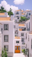 Fototapeta premium Charming Lisbon Street Whitewashed Houses Orange Door Sunny Day
